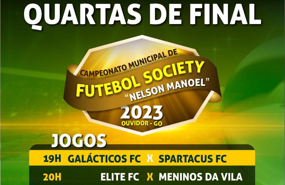 Chegaram as quartas de final do Campeonato Municipal de Futebol Society 2023. Participe e venha torcer pelo seu time.